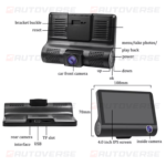 204.Dashcam Maroc 4 pouces FHD 1080P voiture DVR caméra 3 lentille