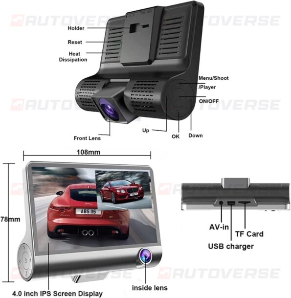 204.Dashcam Maroc 4 pouces FHD 1080P voiture DVR caméra 3 lentille